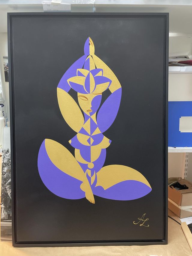 A geometric seated figure in purple and gold on a black background, in a slim black frame